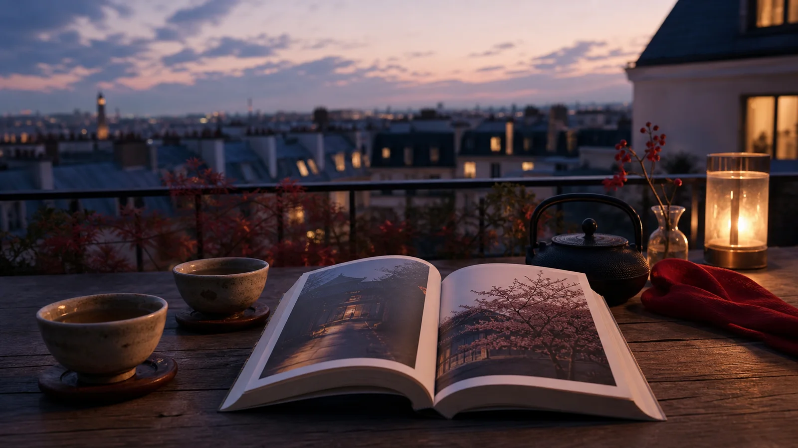 Illustration editoriale pour *Sous le ciel de Kyoto*: la romance japonaise arrive à Paris